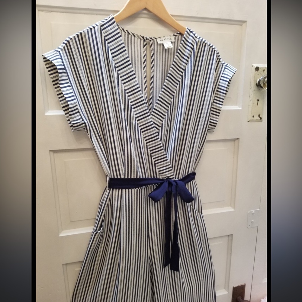 Monteau Navy Striped Short Sleeve Jumpsuit Romper with Belt & Pockets